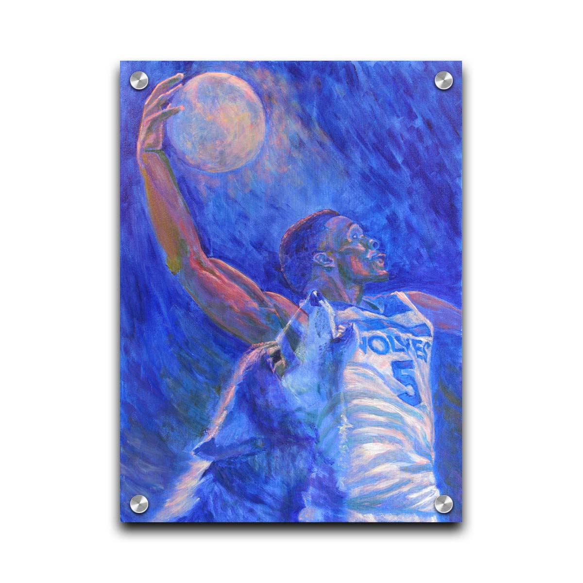 A painting of Minnesota Timberwolves basketball player Anthony Edwards dunking the moon like a basketball, with a transparent wolf howling beside him. Printed on acrylic.