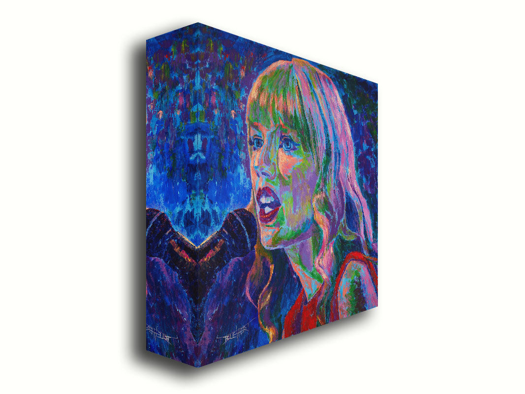 A painting of singer Taylor Swift as she performs on stage, featuring arbitrary colors and visible brushstrokes. Printed on canvas.