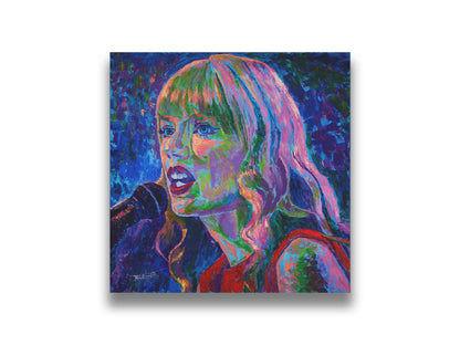 A painting of singer Taylor Swift as she performs on stage, featuring arbitrary colors and visible brushstrokes. Printed on canvas.