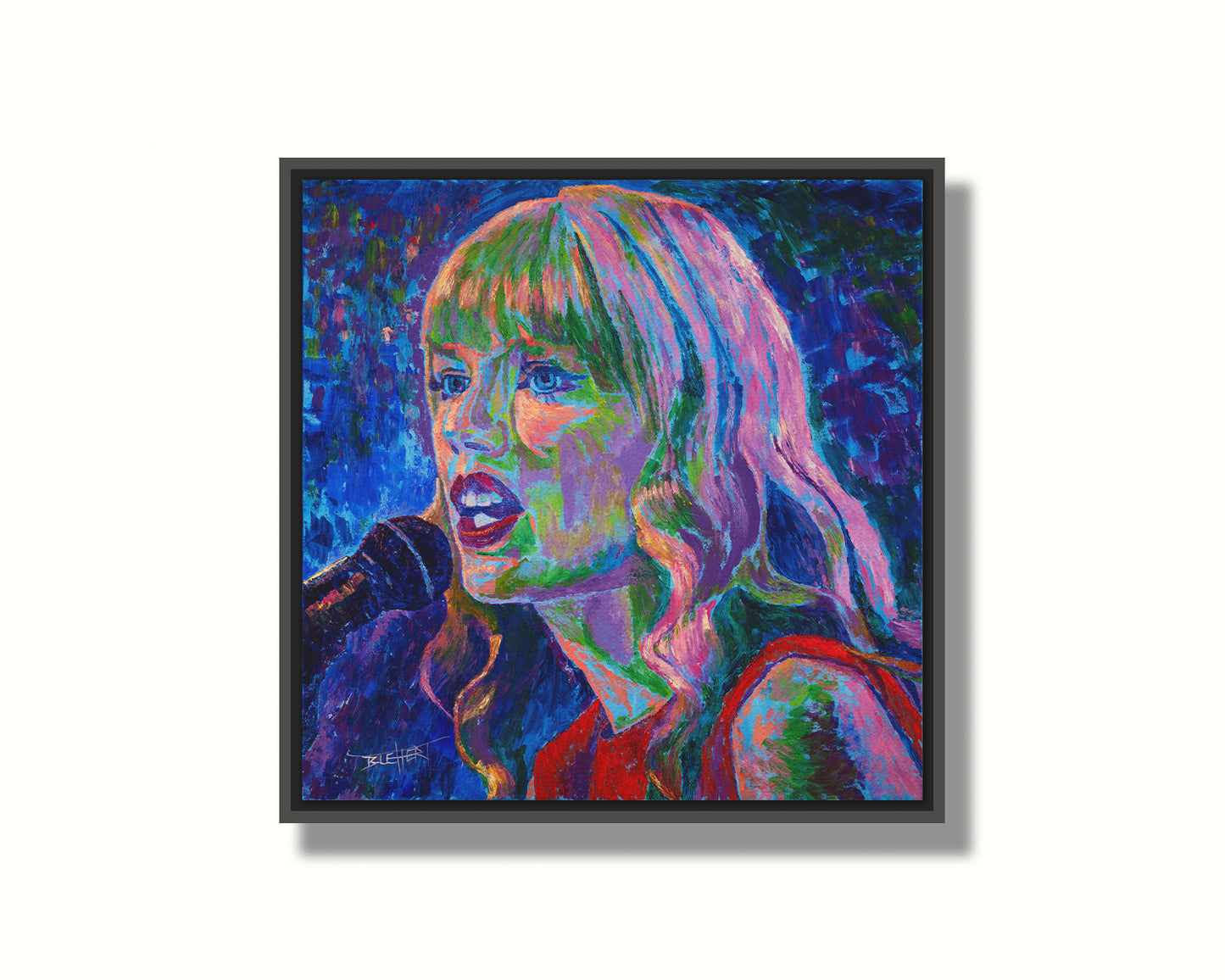 A painting of singer Taylor Swift as she performs on stage, featuring arbitrary colors and visible brushstrokes. Printed on canvas in a float frame.