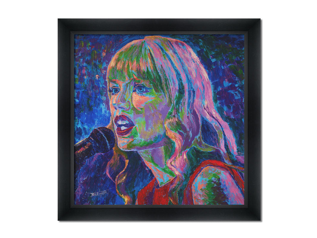 A painting of singer Taylor Swift as she performs on stage, featuring arbitrary colors and visible brushstrokes. Printed on canvas and framed.