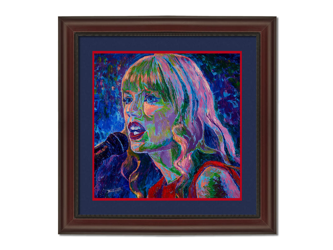 A painting of singer Taylor Swift as she performs on stage, featuring arbitrary colors and visible brushstrokes. Printed on paper, matted, and framed.