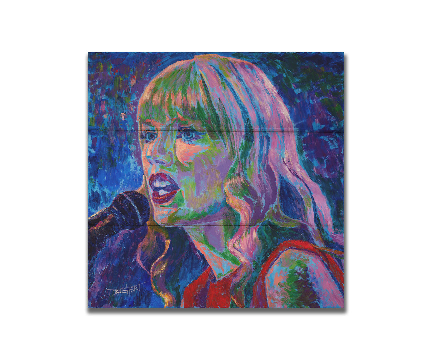 A painting of singer Taylor Swift as she performs on stage, featuring arbitrary colors and visible brushstrokes. Printed on a box board.