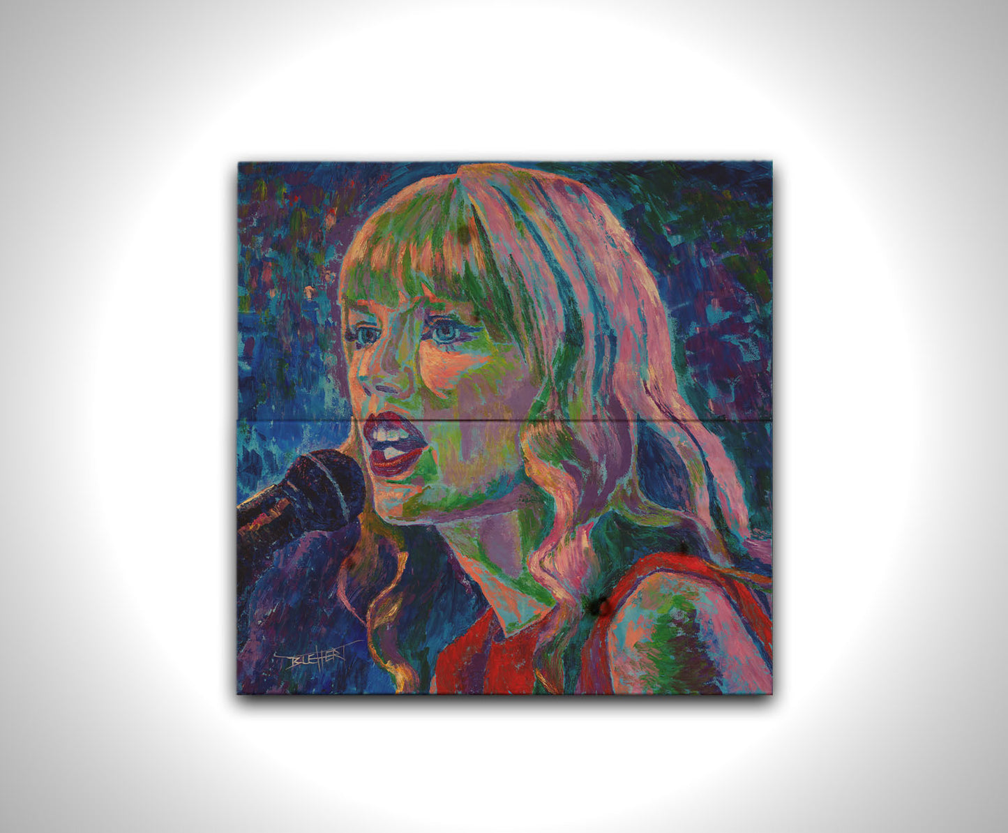 A painting of singer Taylor Swift as she performs on stage, featuring arbitrary colors and visible brushstrokes. Printed on a box board.