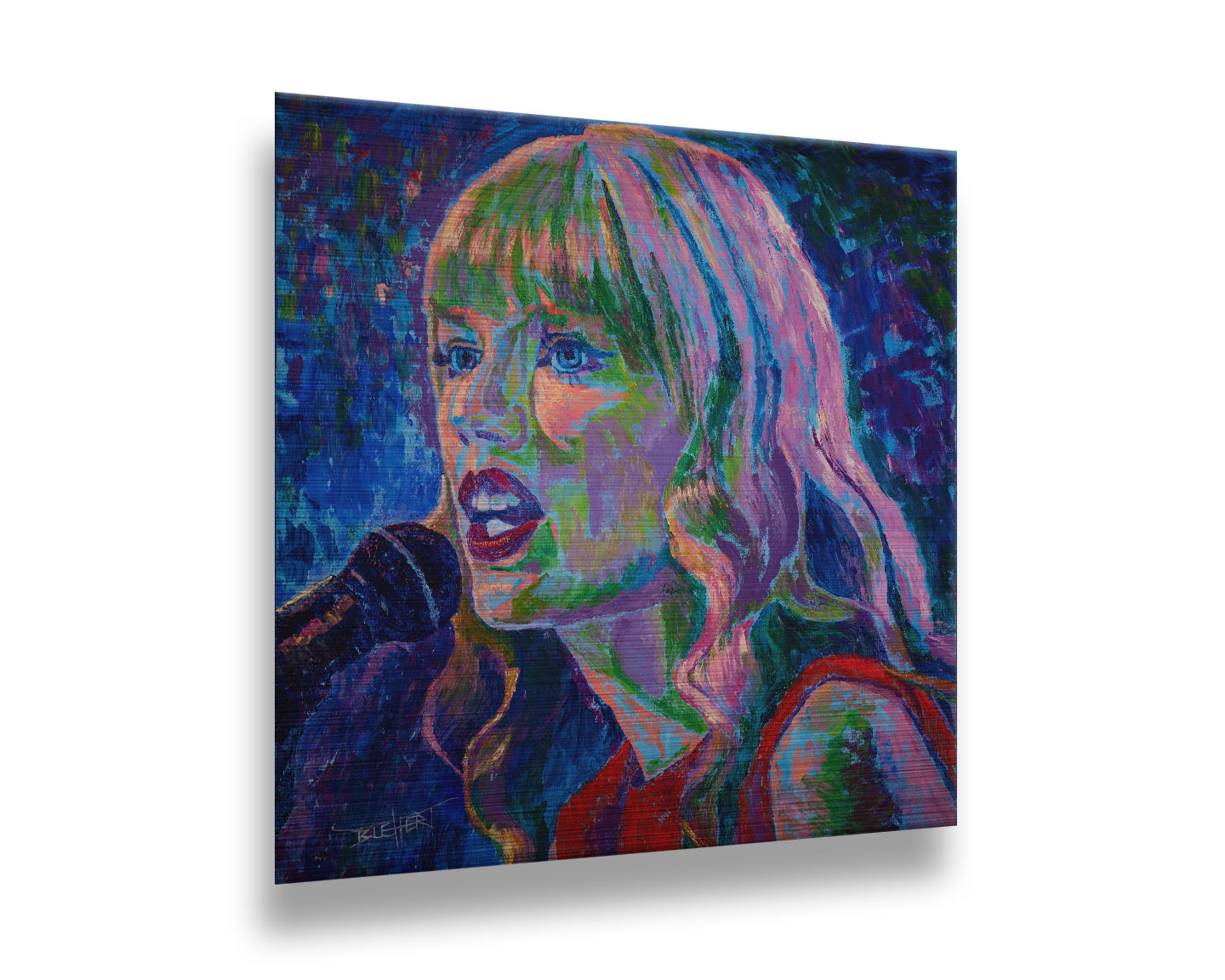 A painting of singer Taylor Swift as she performs on stage, featuring arbitrary colors and visible brushstrokes. Printed on metal.