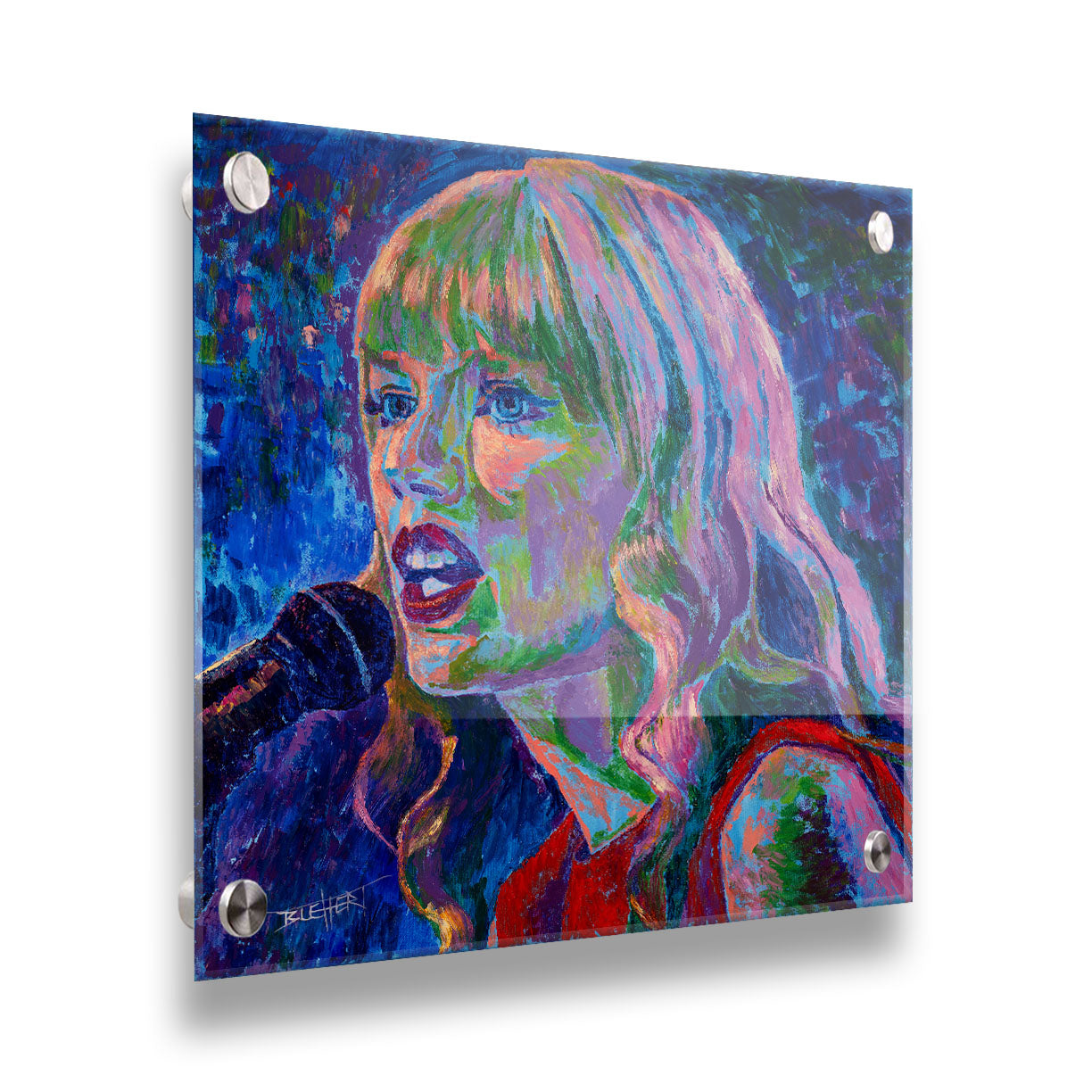 A painting of singer Taylor Swift as she performs on stage, featuring arbitrary colors and visible brushstrokes. Printed on acrylic.