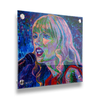 A painting of singer Taylor Swift as she performs on stage, featuring arbitrary colors and visible brushstrokes. Printed on acrylic.