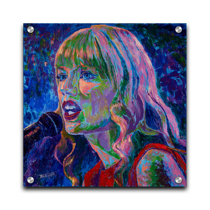 A painting of singer Taylor Swift as she performs on stage, featuring arbitrary colors and visible brushstrokes. Printed on acrylic.