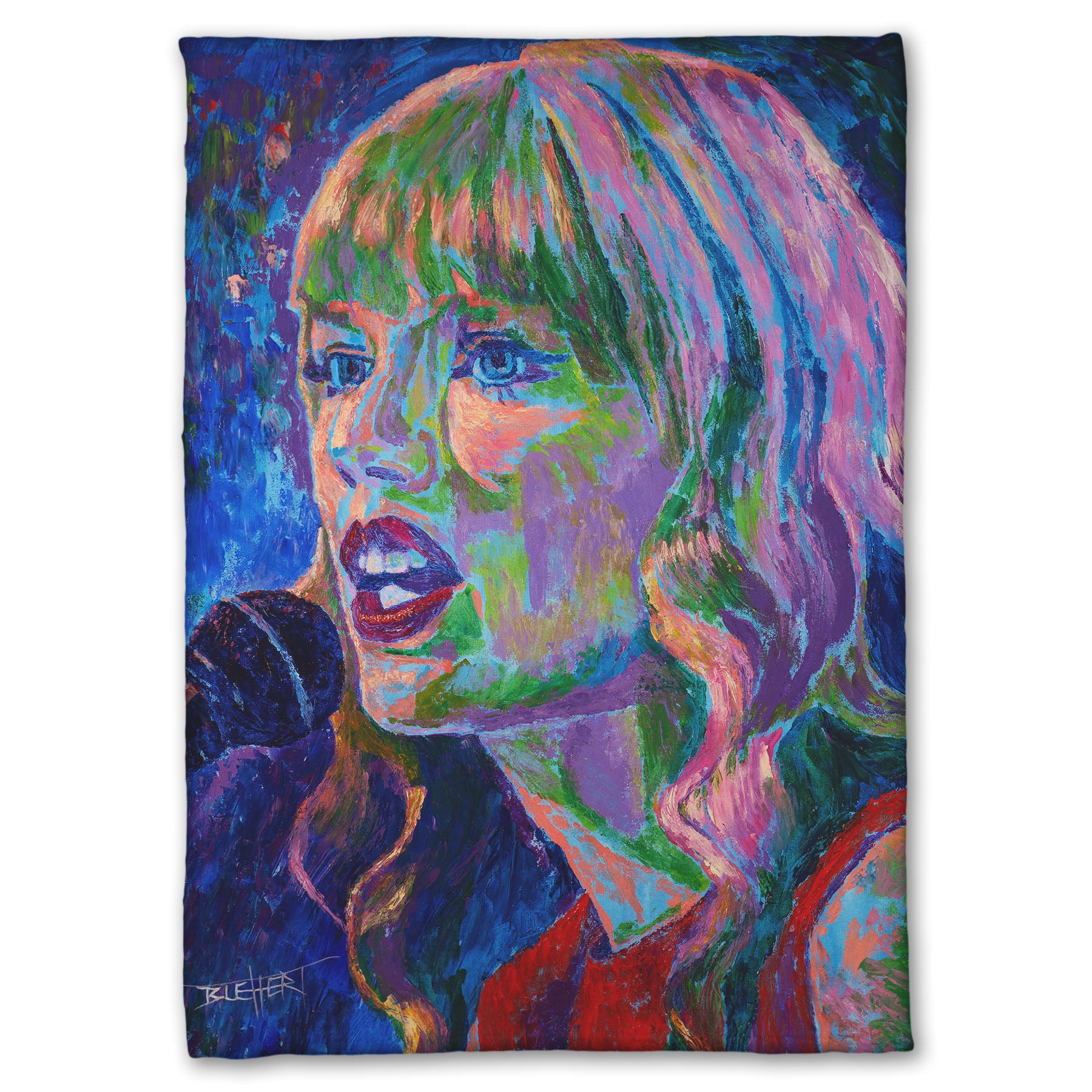 Coral fleece blanket with a colorful portrait of Taylor Swift singing into a microphone.