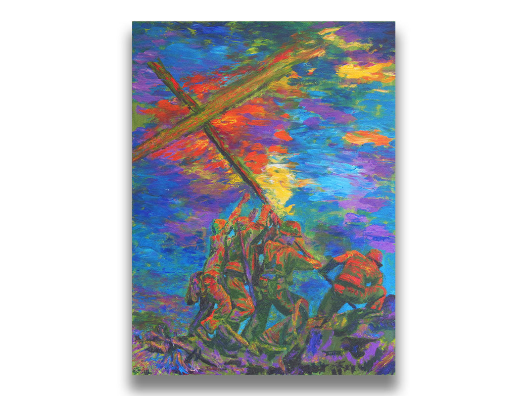 A painting of a religious reimagination of Joe Rosenthal's iconic "Iwo Jima Flag Raising" photograph from WWII. Printed on canvas.