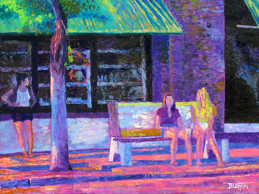 An impressionistic painting of a city bus stop scene. Two figures sit on the bus stop bench conversing, and a third stands waiting in the shade of an awning to the side.