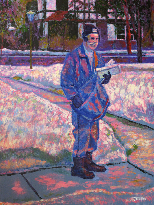 An impressionistic portrait of a mailman in a bright blue uniform, traveling along sidewalks through the snow with letters in hand.