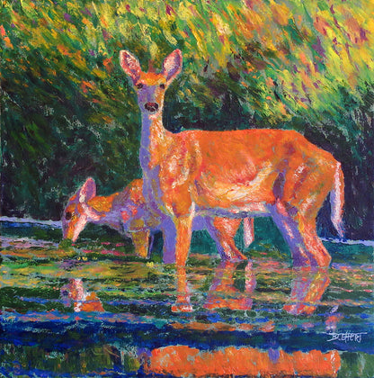 A painting of a two deer, a mother and child, standing in a reflective pond. The fawn takes a drink while its mother stands lookout.