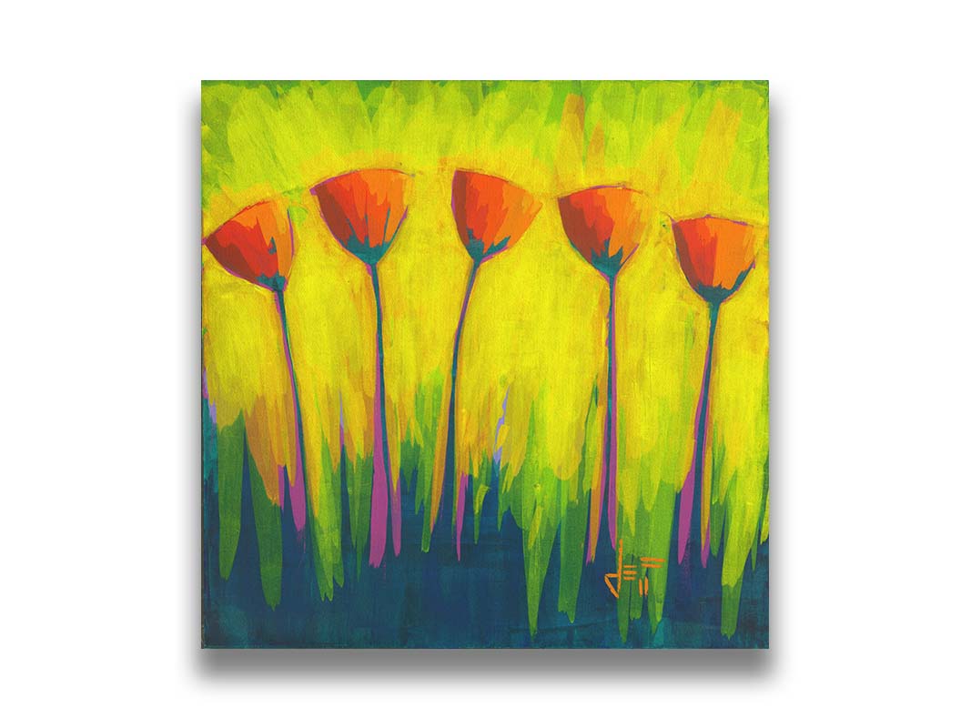 A painting of five simplified red flowers against a striking yellow and green background. Printed on canvas.