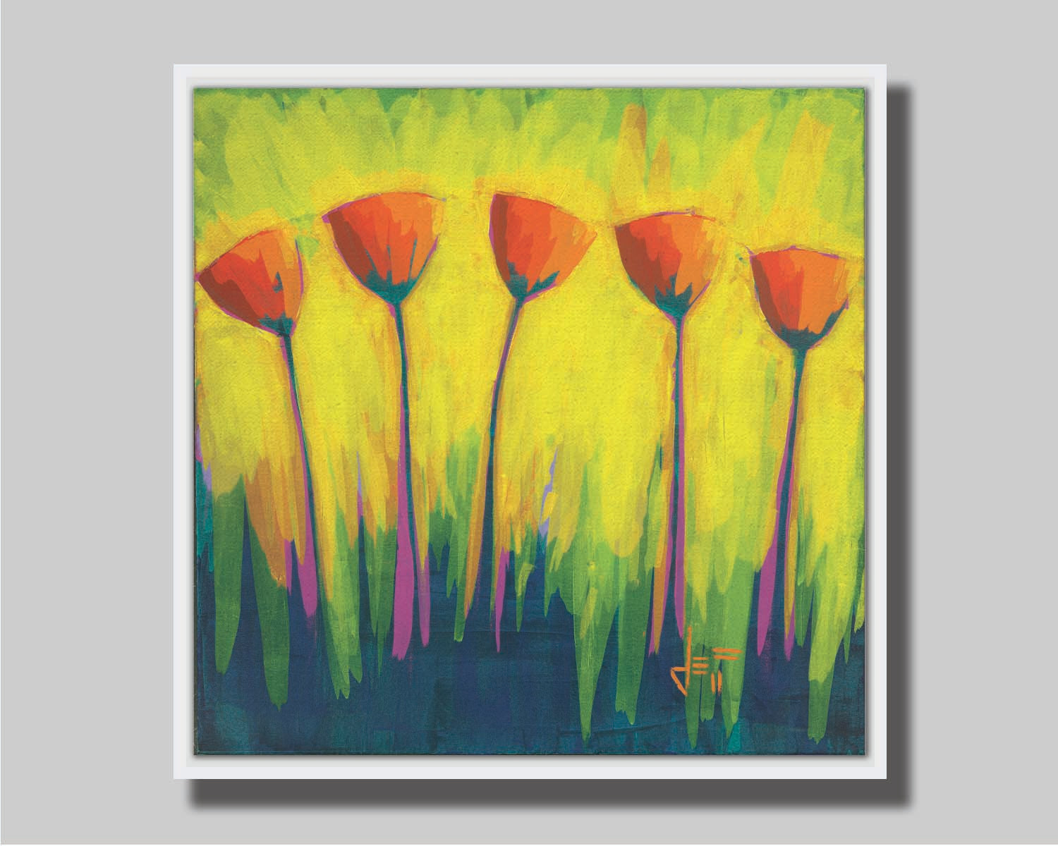 A painting of five simplified red flowers against a striking yellow and green background. Printed on canvas in a float frame.