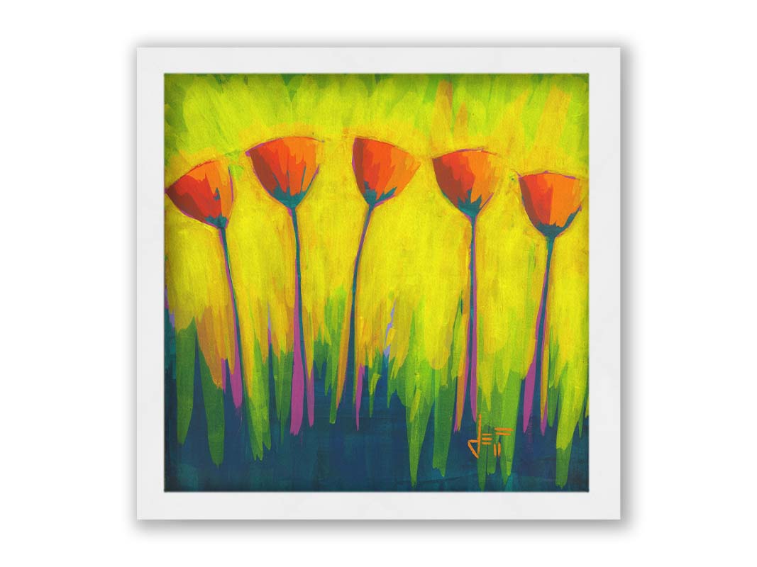 A painting of five simplified red flowers against a striking yellow and green background. Printed on canvas and framed.