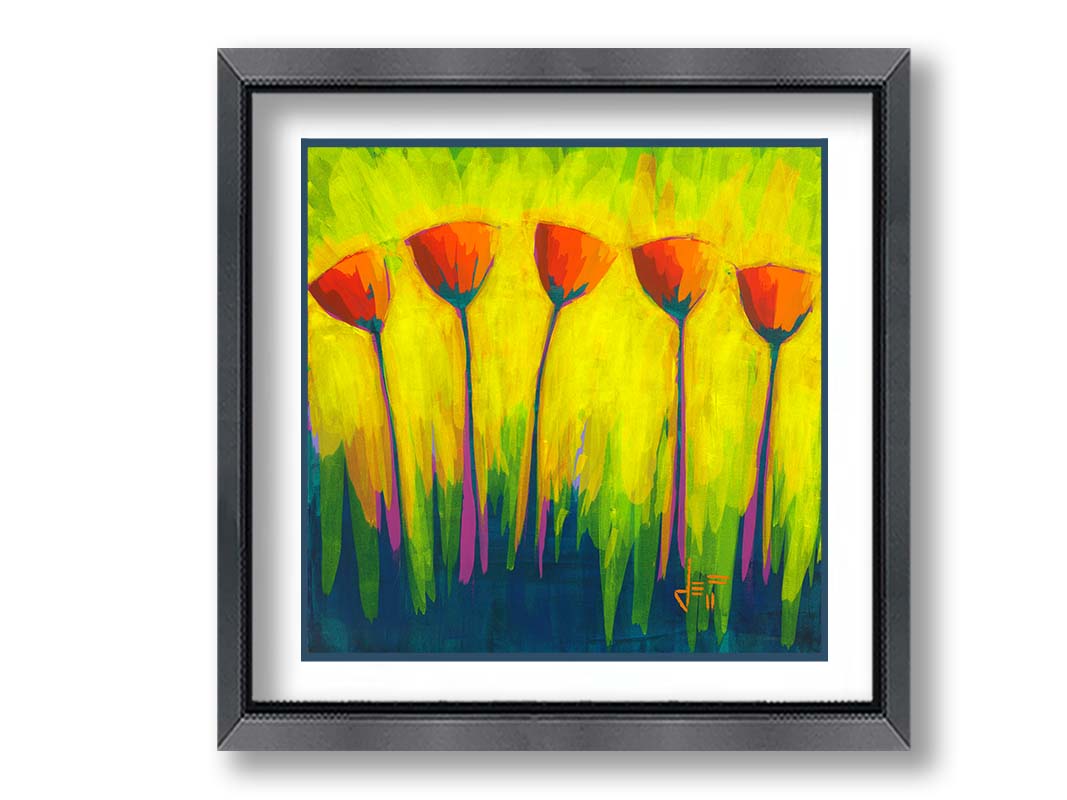 A painting of five simplified red flowers against a striking yellow and green background. Printed on paper, matted, and framed.