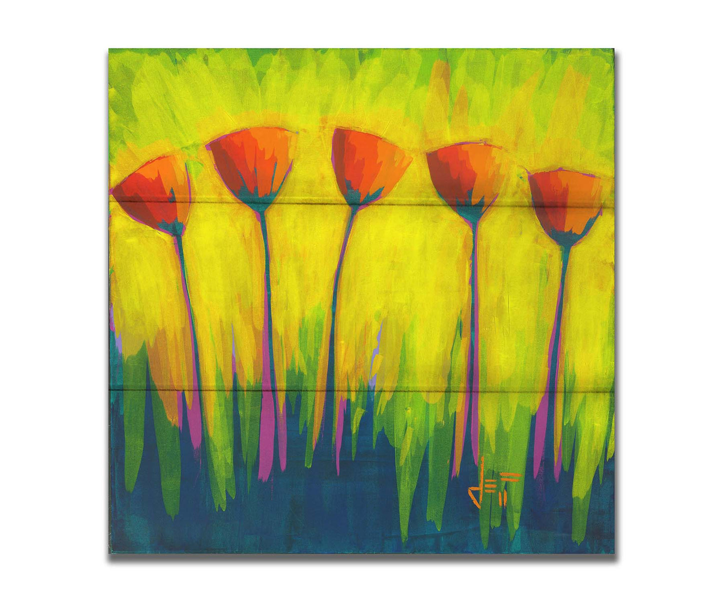 A painting of five simplified red flowers against a striking yellow and green background. Printed on a box board.