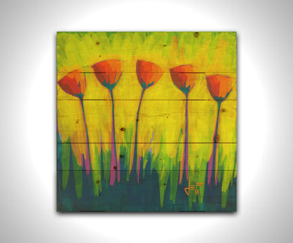 A painting of five simplified red flowers against a striking yellow and green background. Printed on a wood pallet.