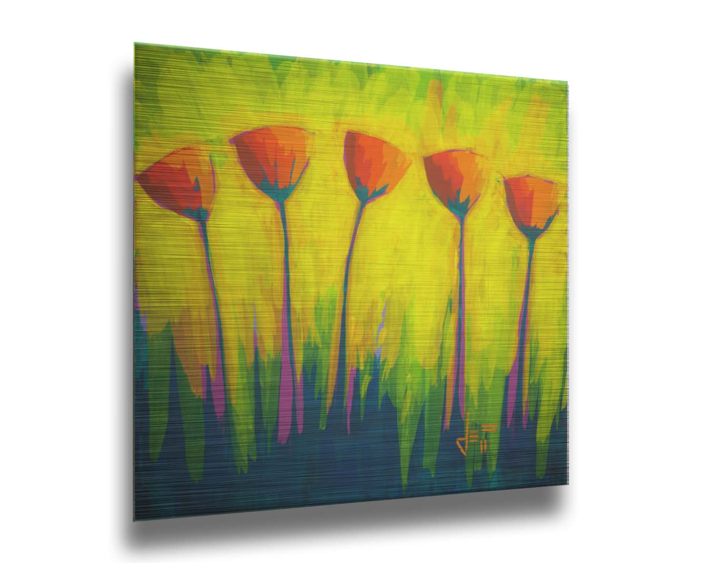 A painting of five simplified red flowers against a striking yellow and green background. Printed on metal.