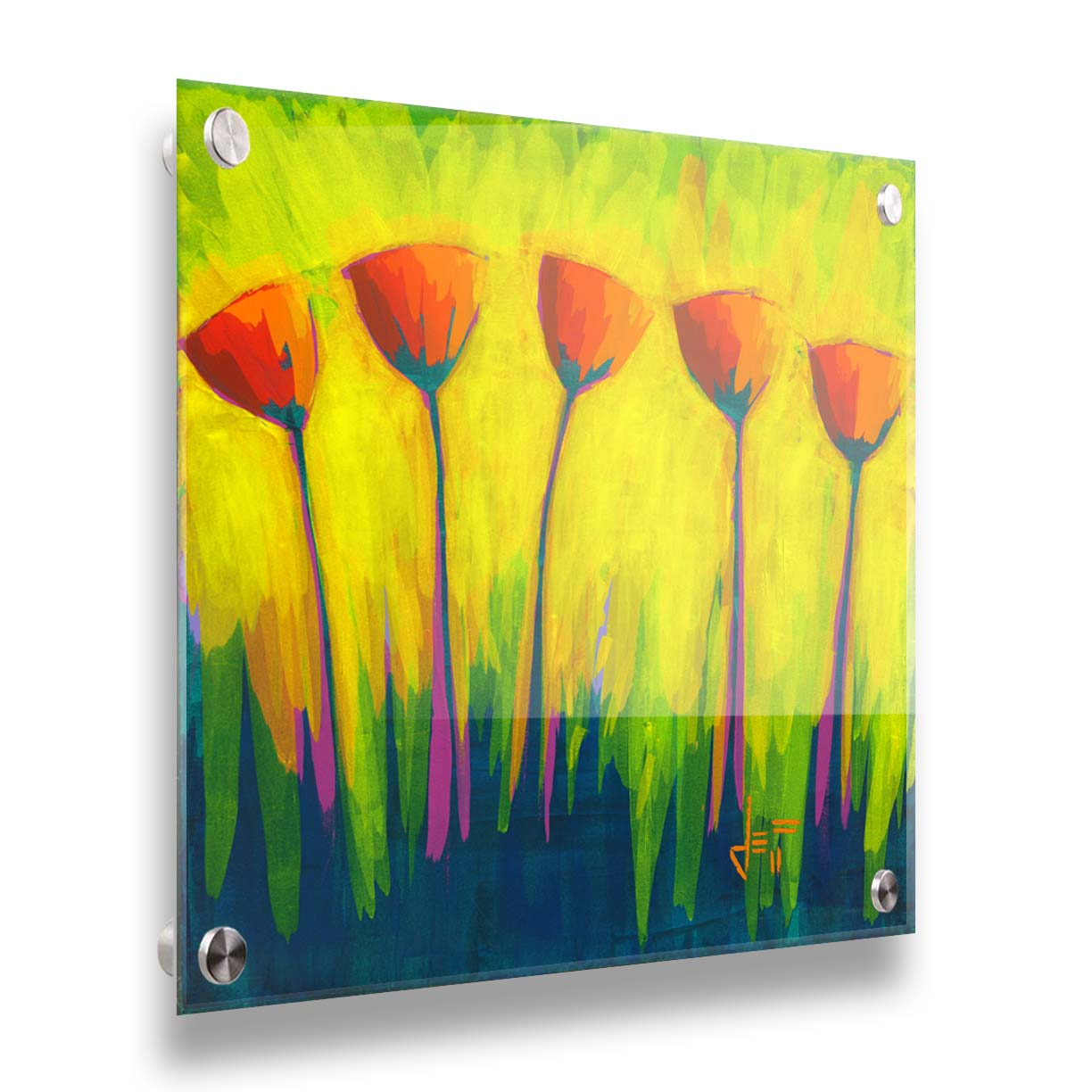 A painting of five simplified red flowers against a striking yellow and green background. Printed on acrylic.