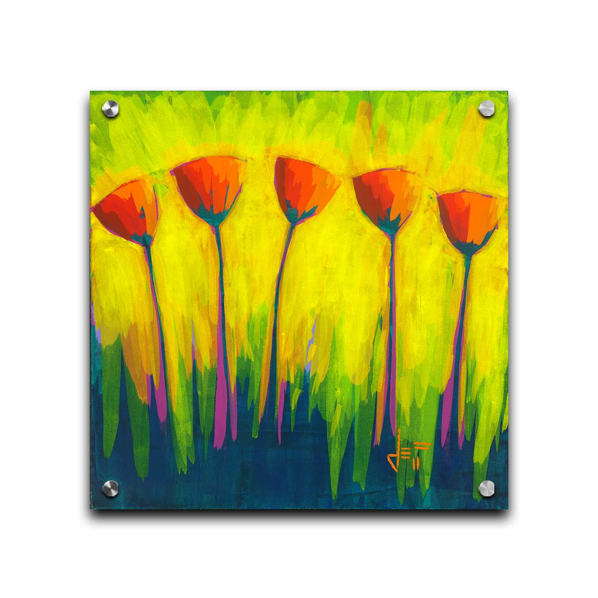 A painting of five simplified red flowers against a striking yellow and green background. Printed on acrylic.