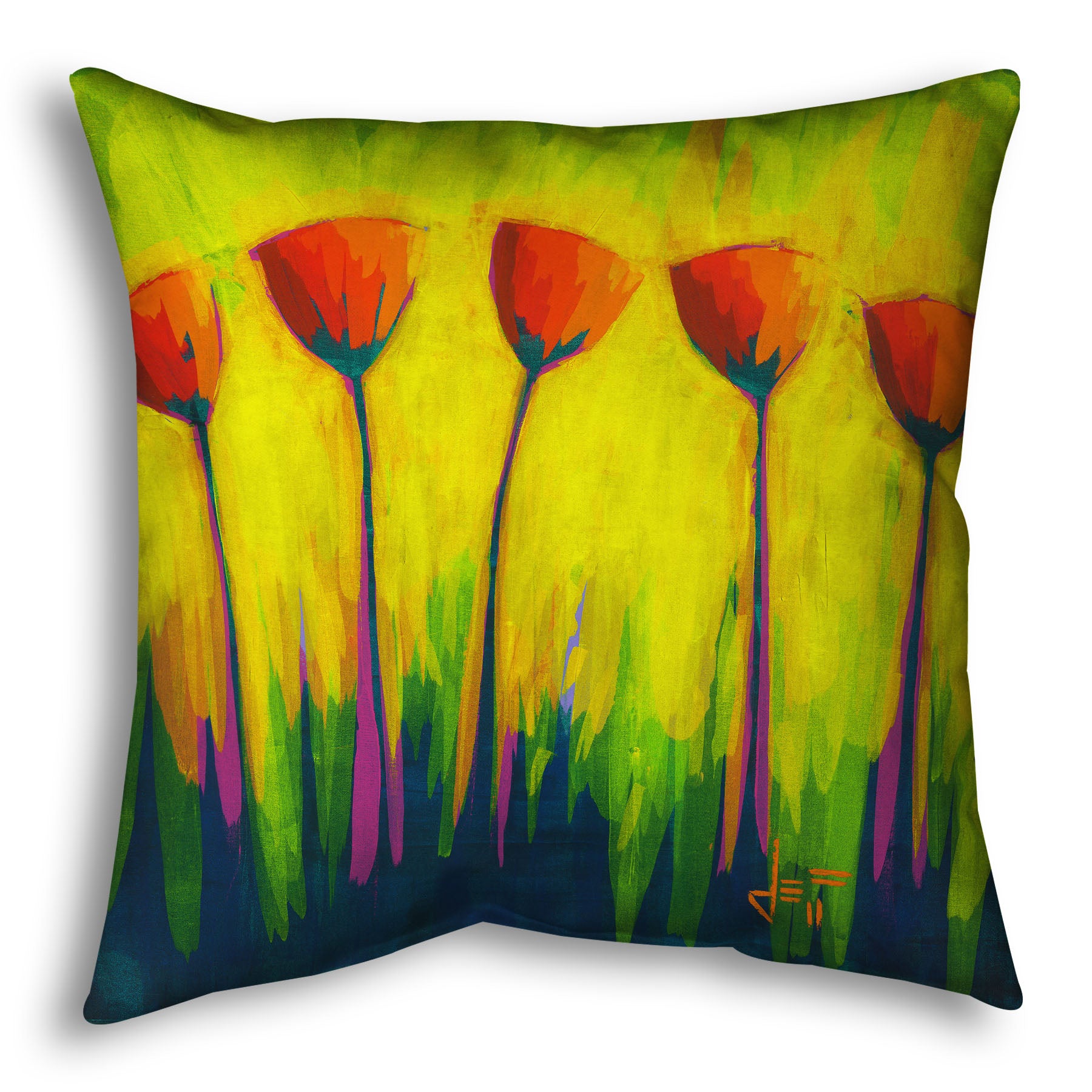 A throw pillow designed with a painting of five simplified red flowers against a striking yellow and green background.