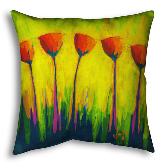 A throw pillow designed with a painting of five simplified red flowers against a striking yellow and green background.