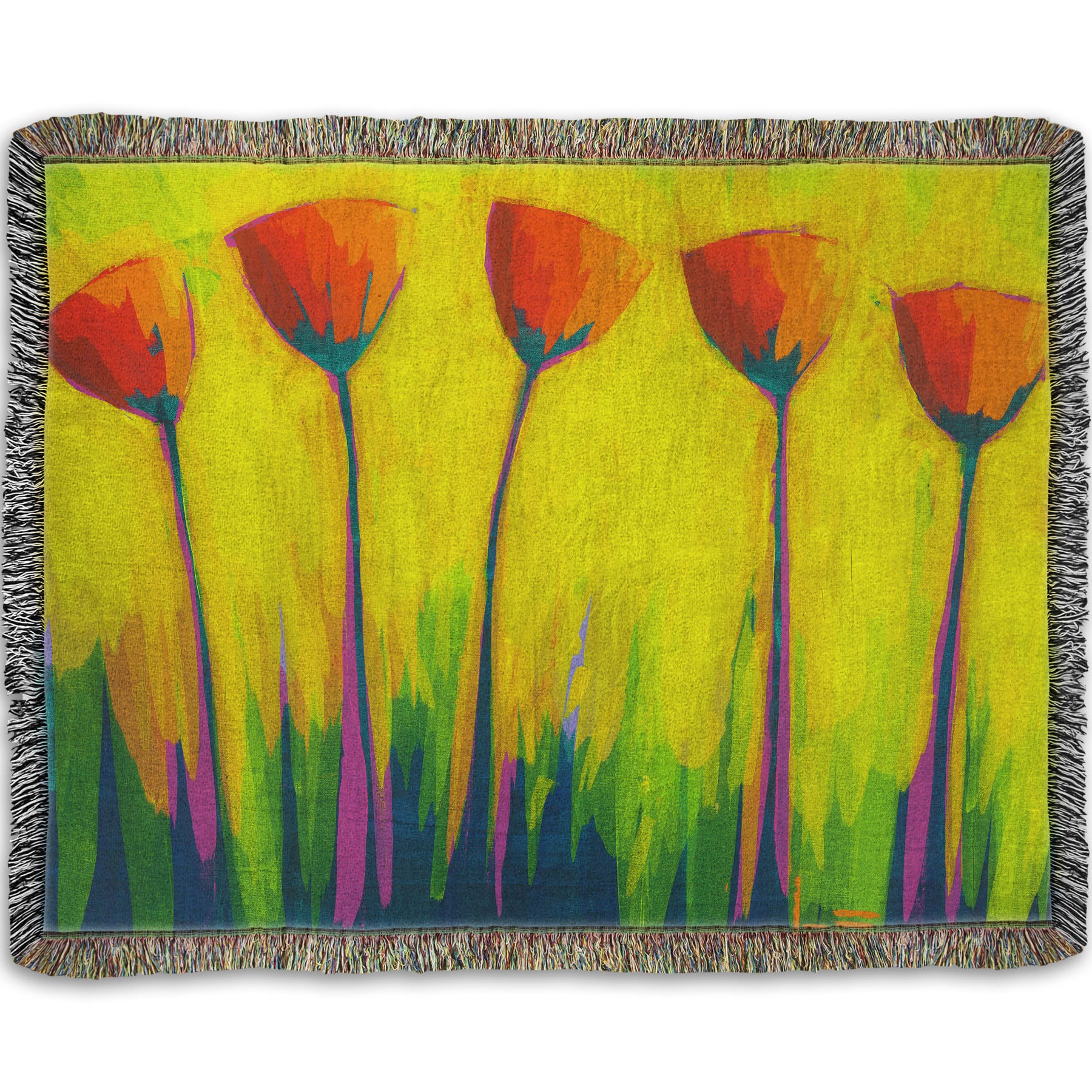 A woven throw blanket designed with a painting of five simplified red flowers against a striking yellow and green background.