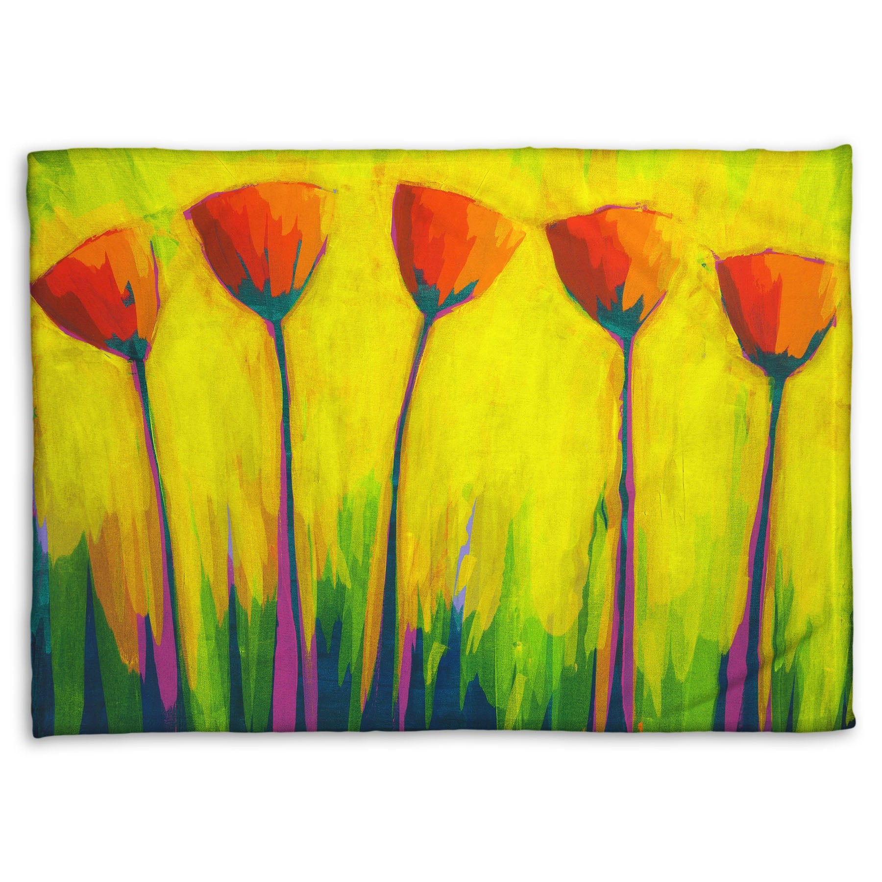 A coral fleece blanket designed with a painting of five simplified red flowers against a striking yellow and green background.