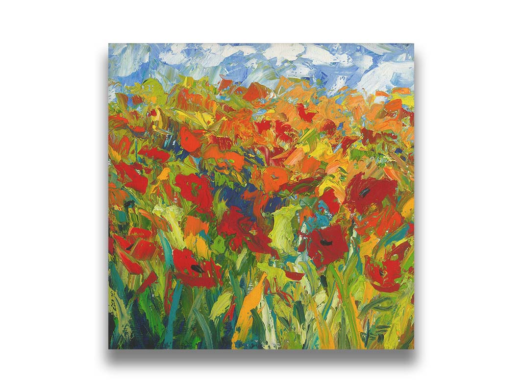 A painting of a field of red and orange flowers, stylized in expressive large brushstrokes. Printed on canvas.