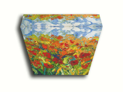 A painting of a field of red and orange flowers, stylized in expressive large brushstrokes. Printed on canvas.