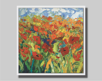 A painting of a field of red and orange flowers, stylized in expressive large brushstrokes. Printed on canvas in a float frame.