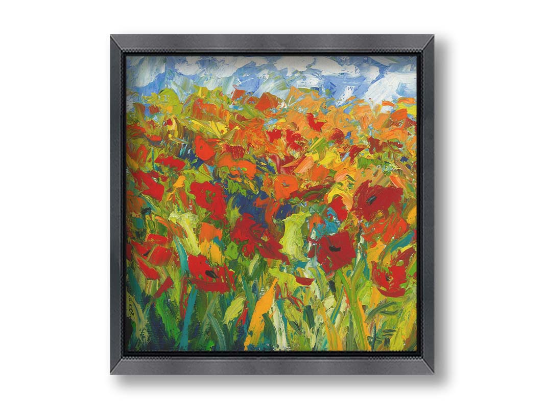 A painting of a field of red and orange flowers, stylized in expressive large brushstrokes. Printed on canvas and framed.