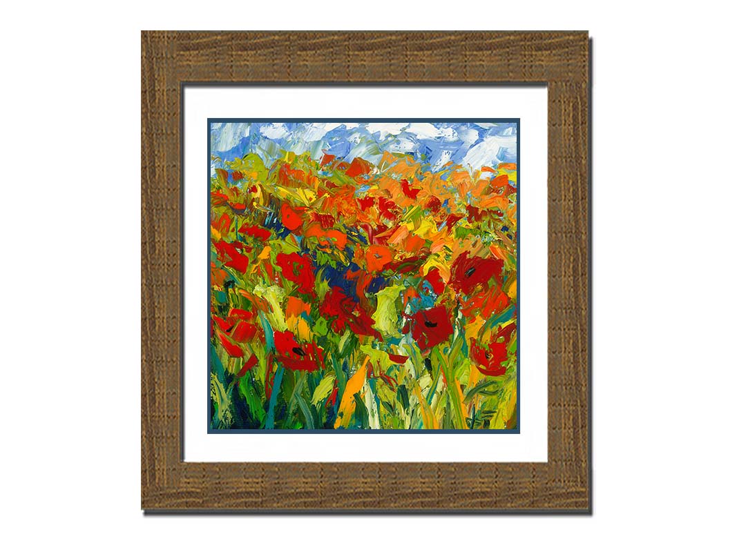 A painting of a field of red and orange flowers, stylized in expressive large brushstrokes. Printed on paper, matted, and framed.