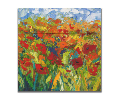 A painting of a field of red and orange flowers, stylized in expressive large brushstrokes. Printed on a box board.