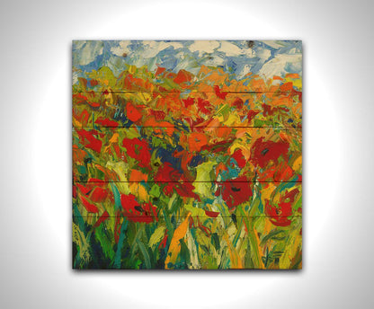 A painting of a field of red and orange flowers, stylized in expressive large brushstrokes. Printed on a wood pallet.