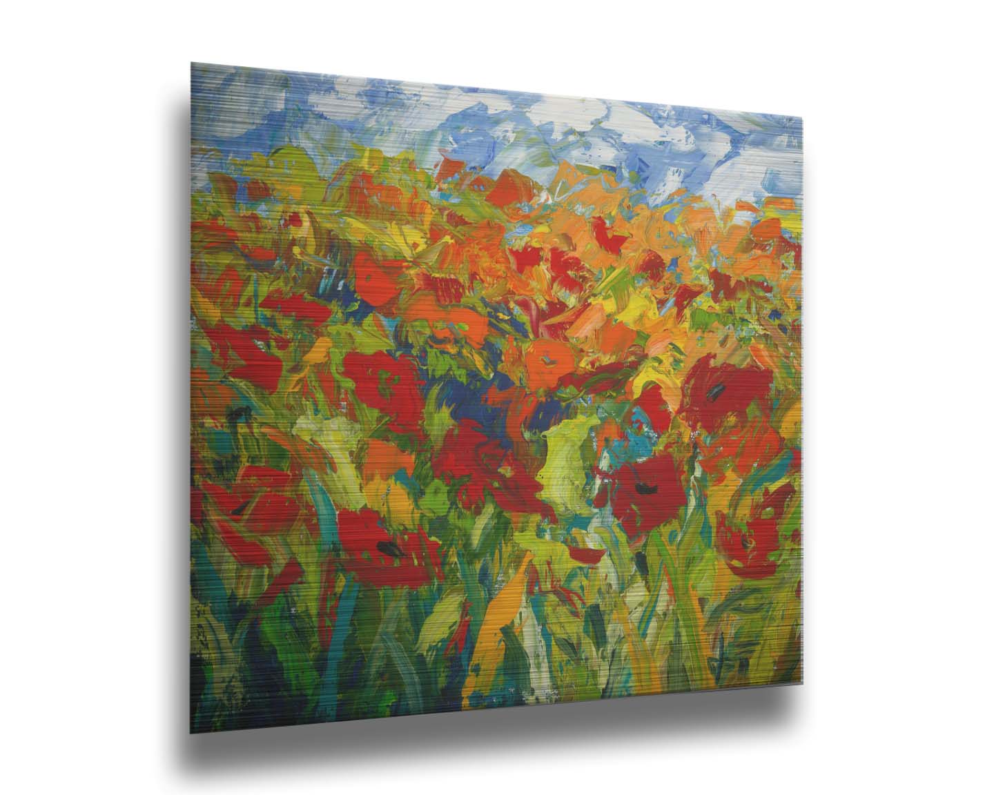 A painting of a field of red and orange flowers, stylized in expressive large brushstrokes. Printed on metal.