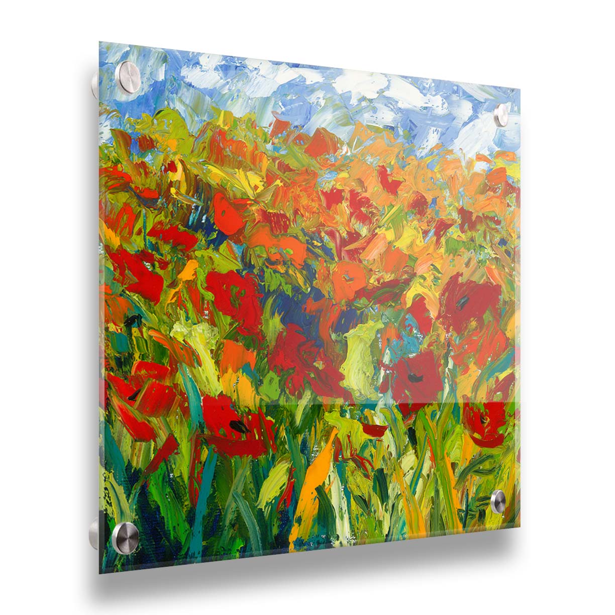 A painting of a field of red and orange flowers, stylized in expressive large brushstrokes. Printed on acrylic.