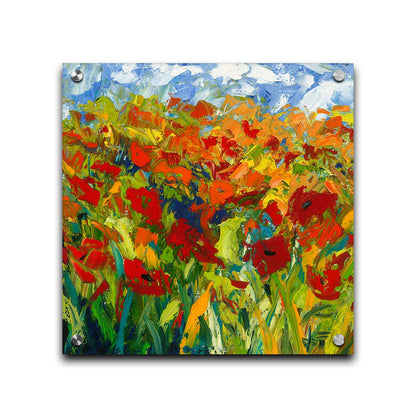 A painting of a field of red and orange flowers, stylized in expressive large brushstrokes. Printed on acrylic.