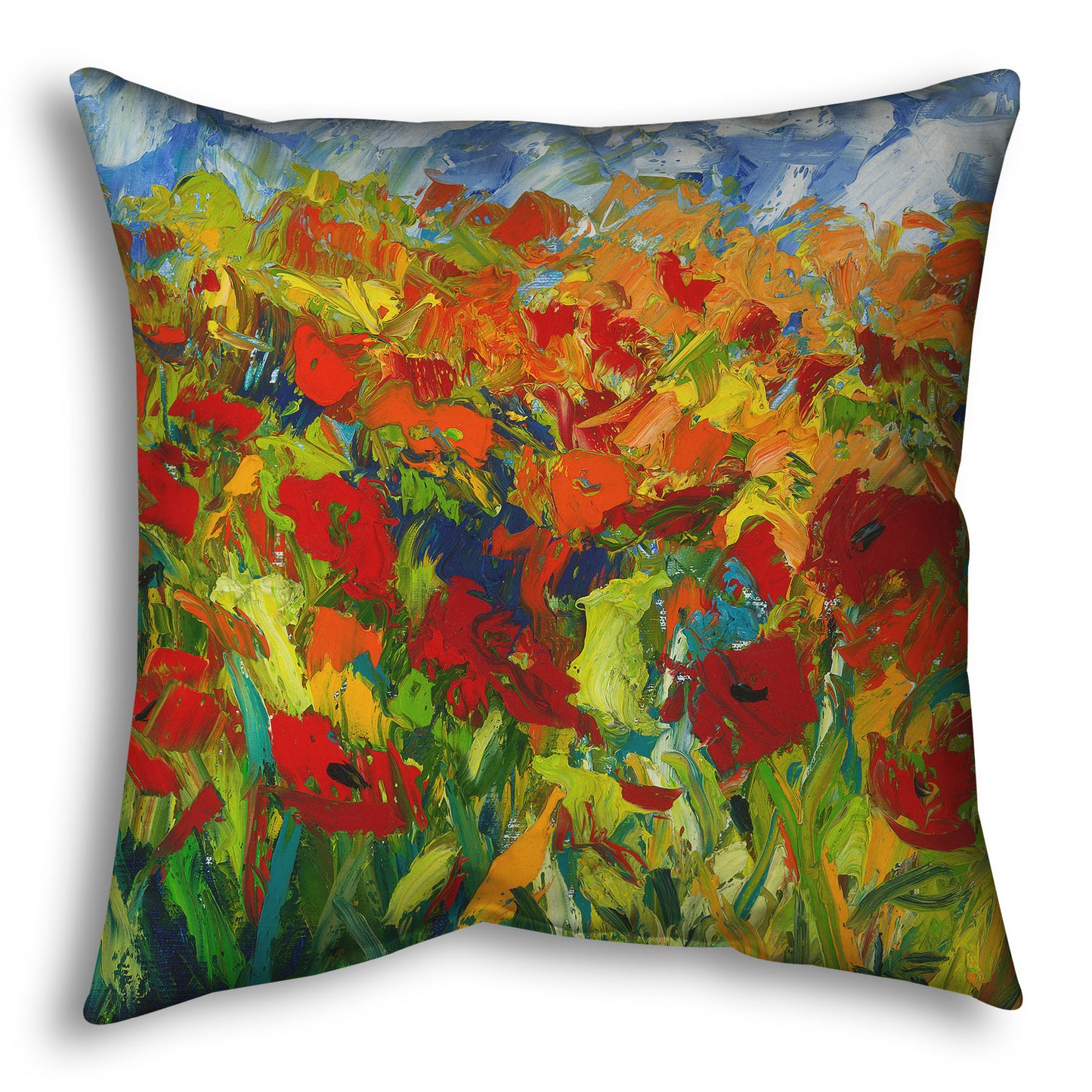 A throw pillow designed with a painting of a field of red and orange flowers, stylized in expressive large brushstrokes.