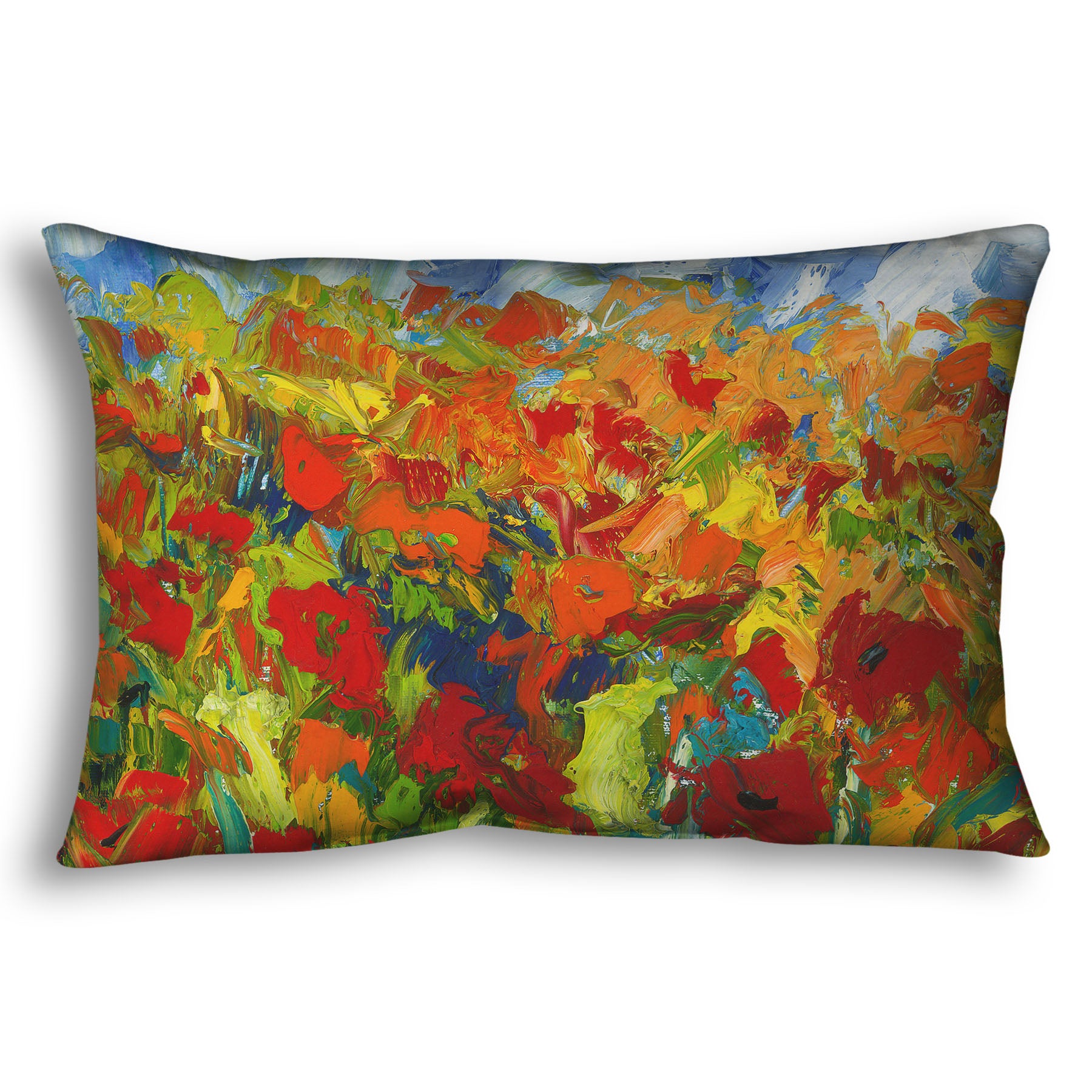 A throw pillow designed with a painting of a field of red and orange flowers, stylized in expressive large brushstrokes.