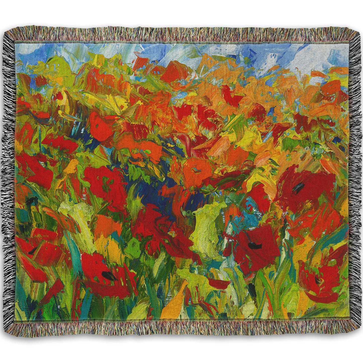 A woven throw blanket designed with a painting of a field of red and orange flowers, stylized in expressive large brushstrokes.