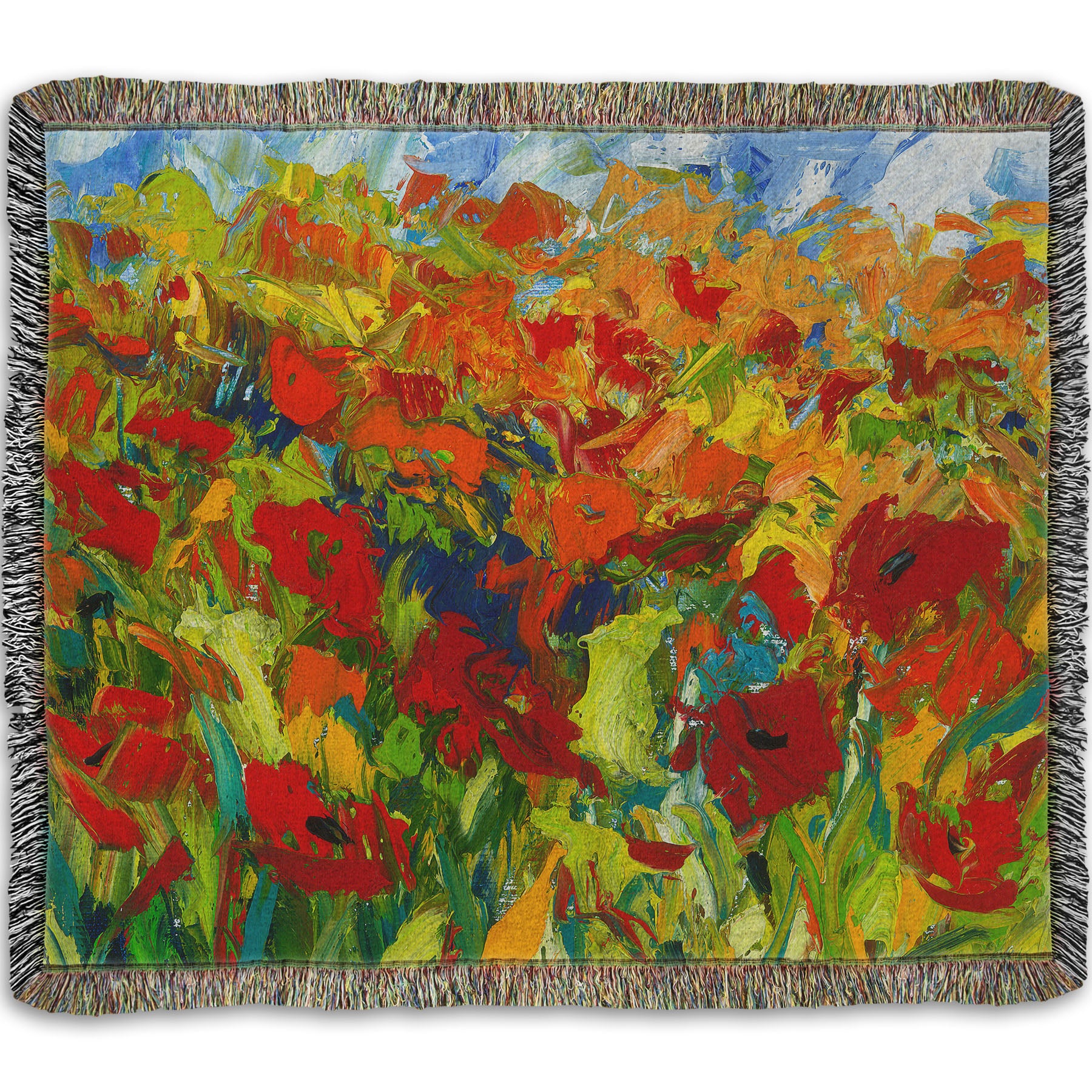 A woven throw blanket designed with a painting of a field of red and orange flowers, stylized in expressive large brushstrokes.