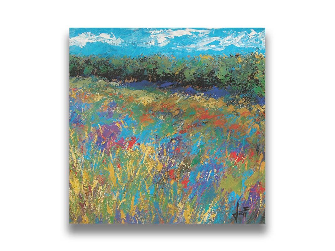 An expressive painting of a field of flowers, created in bold strokes of color. Printed on canvas.