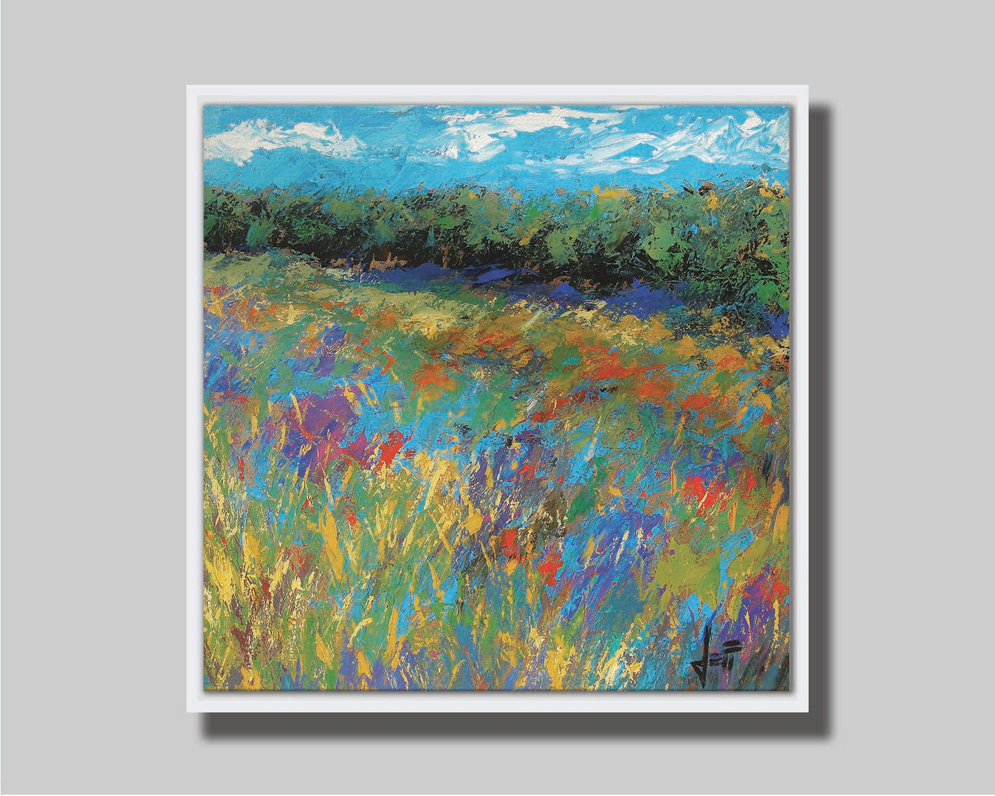 An expressive painting of a field of flowers, created in bold strokes of color. Printed on canvas in a float frame.