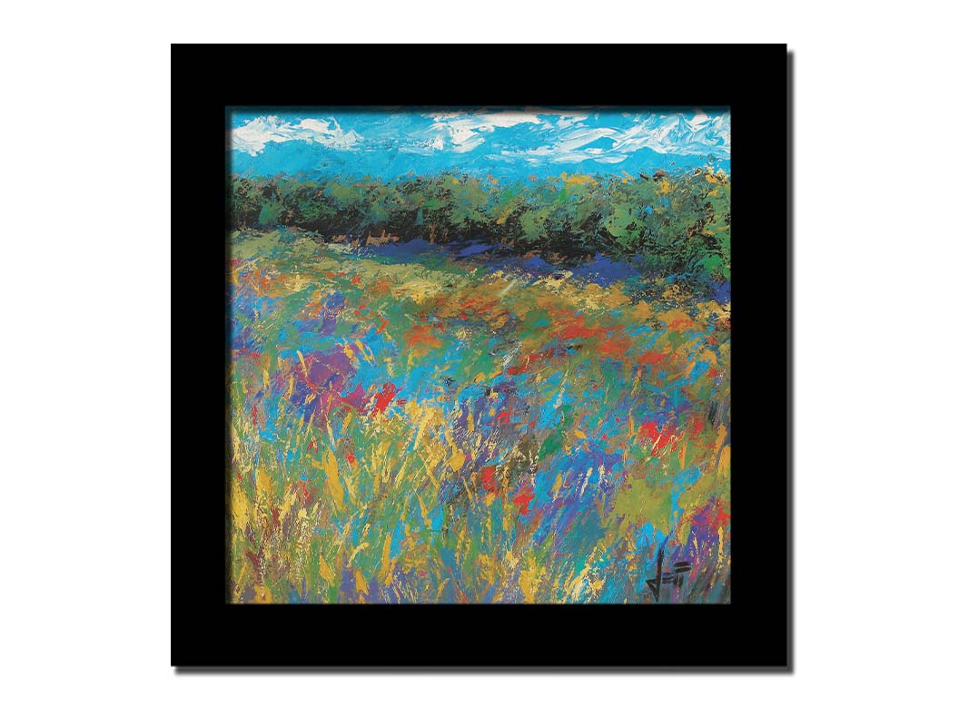 An expressive painting of a field of flowers, created in bold strokes of color. Printed on canvas and framed.