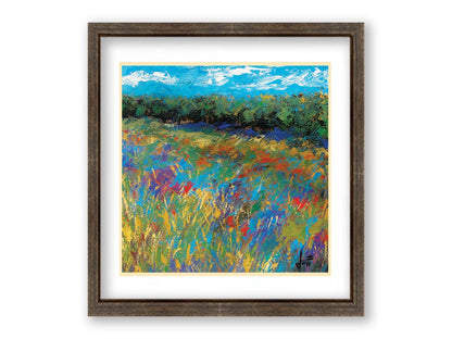 An expressive painting of a field of flowers, created in bold strokes of color. Printed on paper, matted, and framed.