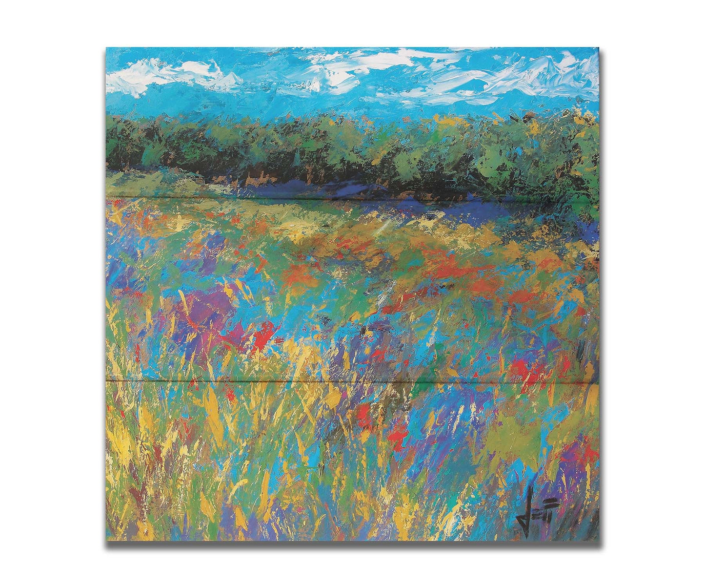 An expressive painting of a field of flowers, created in bold strokes of color. Printed on a box board.