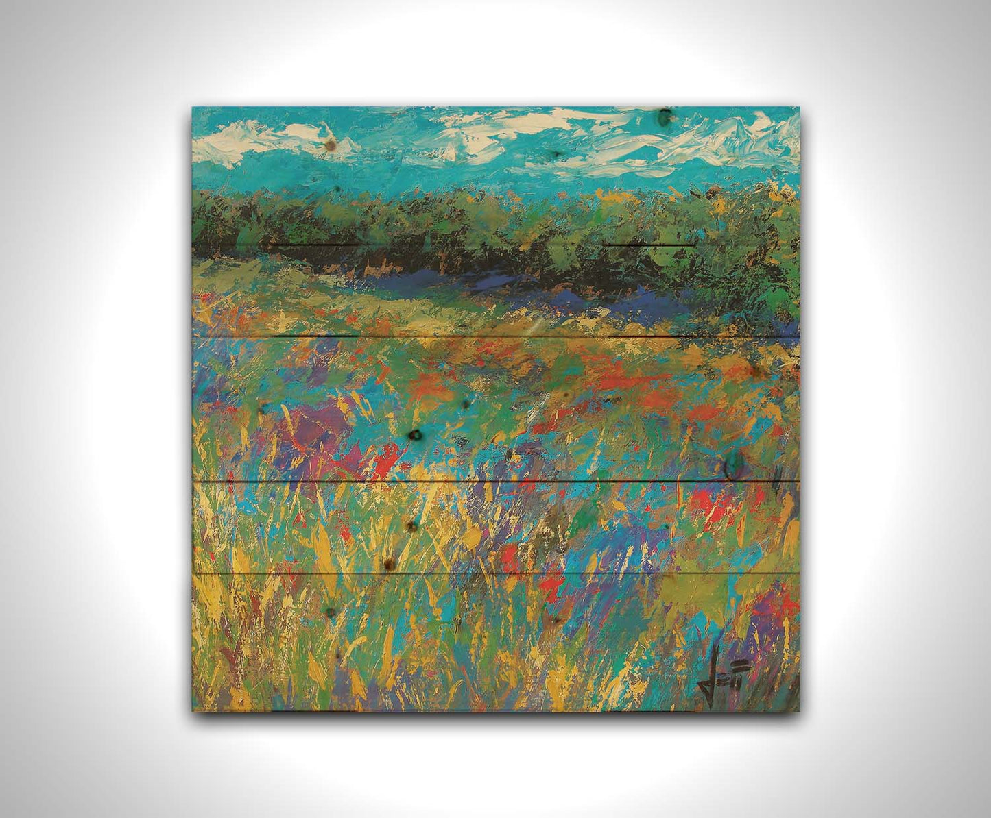 An expressive painting of a field of flowers, created in bold strokes of color. Printed on a wood pallet.